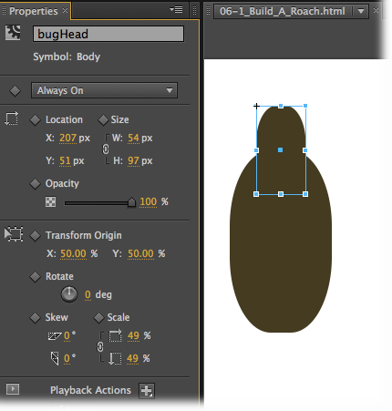 Note that the available properties are different for a symbol than they are for a rounded rectangle. For example, you can control Opacity, but you can’t change the basic color. As shown at the bottom of the Properties panel, you can control playback actions because each symbol has its own timeline.