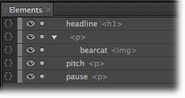 Give IDs to the elements in your HTML document when you create it in your favorite web-building tool. Then when you open that HTML in Edge, you see the IDs as element names. Here, headline, bearcat, pitch, and pause are all element IDs.