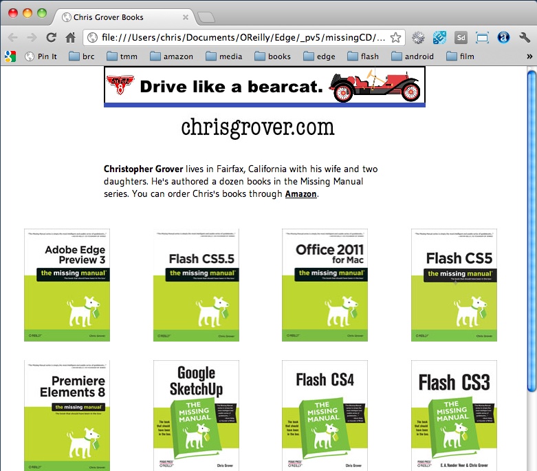 Here two Edge compositions inhabit one web page. Each composition has a unique ID. The book animation was originally part of the page, which had text and other elements that were not part of the Edge composition. The Stutz Bearcat banner ad was included later.