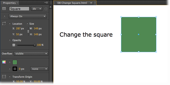 The stage is set for your first identification project. The rectangle’s ID is set to Square because that’s its shape to start. The text box’s ID is set to tbChangeSquare. It will act as a button that changes the width property of Square.