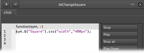 Here’s the code that gets attached to the “click” trigger of the text box ID’d as tbChangeSquare. When the text gets clicked Square will be square no more.