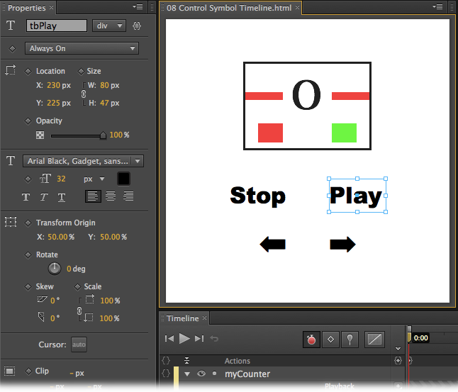 Edge provides several methods for playing and stopping the timeline. These methods work for symbols as well as the main timeline. To see the code for the examples described in this section, get 08-7_Control_Symbol_Timeline from the Missing CD at .