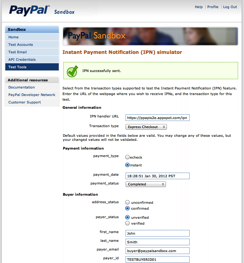 Log in to your merchant account and select “Instant Payment Notification preferences” under the Profile tab in order to add a Notification URL