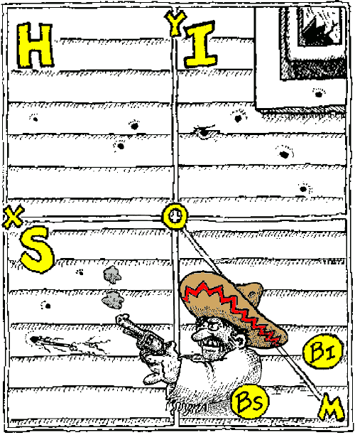 Bandit with six-gun shooting wall of house