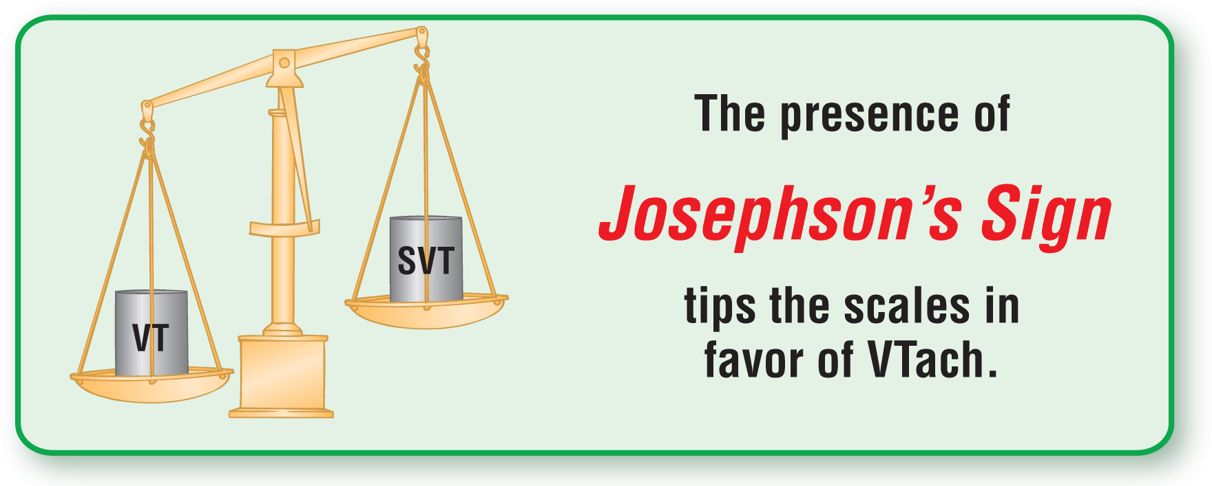 The illustration of a balance scale shows that the scale with VT tips more than the one with SVT. The text reads, “The presence of Josephson’s sign tips the scales in favor of VTach.”