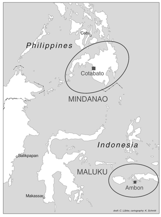 Map 1.1 Map of Mindanao and Ambon Note: draft: C. von Lubke, cartography: K. Schmitt. Copyright OpenStreetMap contributors (openstreetmap.org), Inkatlas.