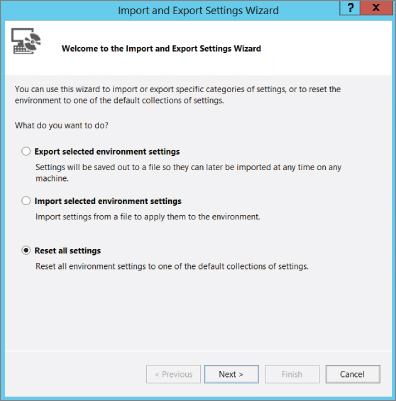 Screenshot of Import and Export Settings Wizard dialog box displaying the selected Reset settings option and Next and Cancel buttons at the bottom.