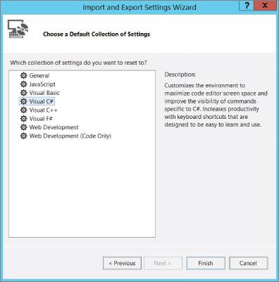 Import and Export Settings Wizard dialog box displaying collection of settings with the selected Visual C# at the left and its description at the right. Previous and Finish buttons are displayed at the bottom.