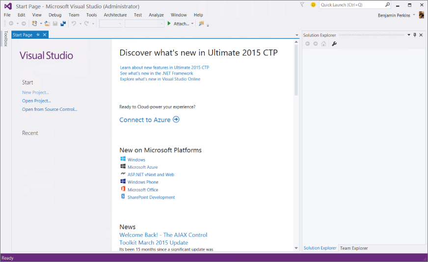 Screenshot of Microsoft Visual Studio 2015 window displaying Toolbox and Start page at the left and the Solution Explorer window and Team explorer tab at the right.