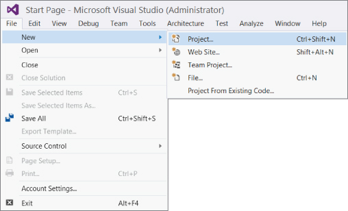 Snipped image of Microsoft Visual Studio 2015 window 2015 displaying New options from File tab such as Project, Web Site, Team Project, and File with the highlighted Project option.