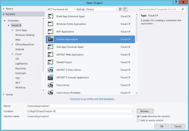 New Project dialog box displaying selected Visual C# node at the left pane and the Console Application project type at the middle pane, and Name, Location, and Solution name textboxes at the bottom. 