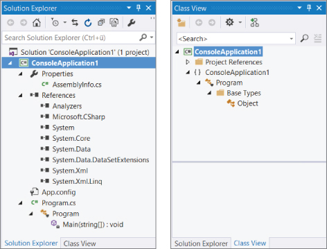 Screenshot of Solution Explorer window (left) and Class View window (right) with all nodes expanded.