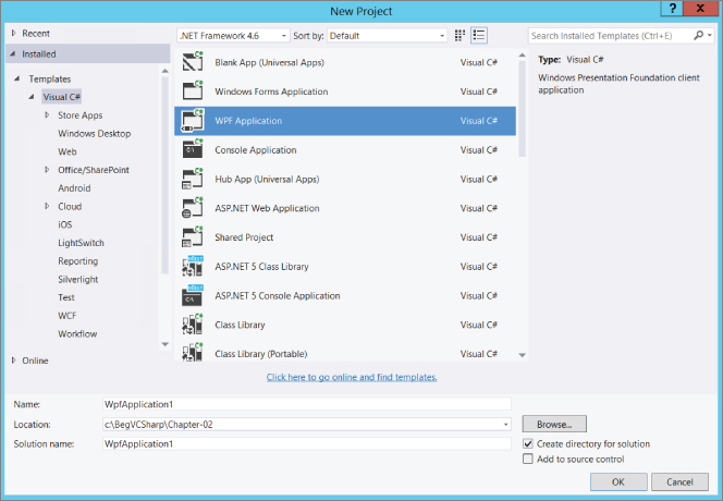 Screenshot of New Project dialog box displaying selected Visual C# node on the left pane, WPF Application project type in the middle pane, and Name, Location, and Solution textboxes, and OK button at the bottom.