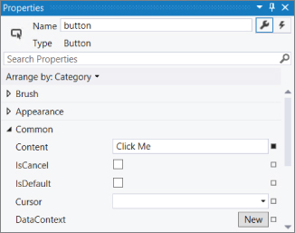 Screenshot of Properties window displaying properties of button control with Content set to Click Me.