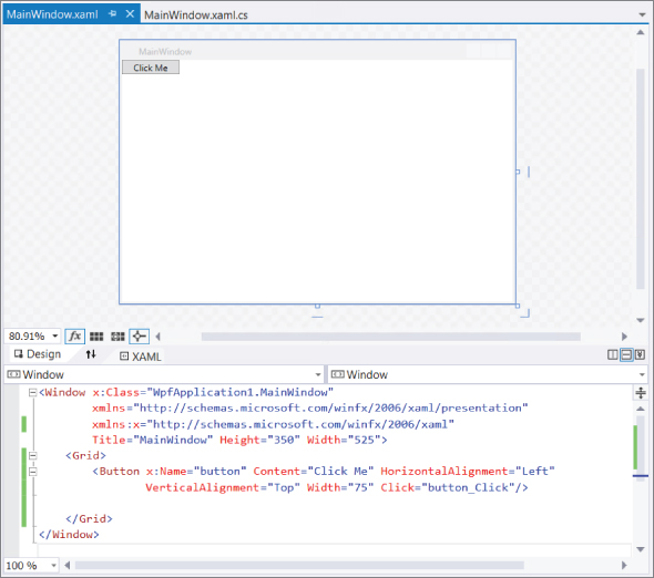 Screenshot of MainWindows.xaml displaying the MainWindow with Click Me tab at the top and the XAML code at the bottom.