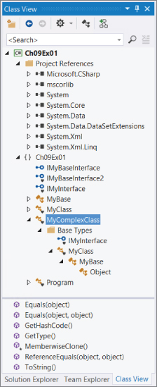 Screenshot of Class View window displaying the class hierarchy of Ch09Ex01 application, with a search bar below the toolbar buttons.