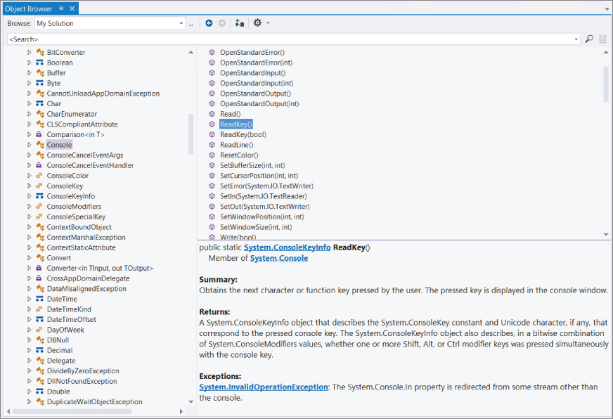 Screenshot of the Object Browser displaying available classes. The ReadKey () method of the Console class is selected. Its information—Summary, Returns, and Exceptions—is displayed on the third window.