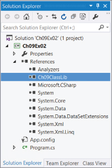 Screenshot of Solution Explorer dialog displaying the properties with Ch09ClassLib highlighted. 