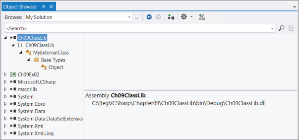 Snipped image of the Object Browser window with selected Ch09ClassLib displaying its properties. To the right side of screen is the object C:\BegVCSharp\Chapter09\Ch09ClassLib\bin\Debug\Ch09ClassLib.dll.