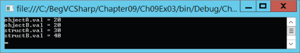 Same window as in Figure 9.10 displaying four different codes, namely, objectA.val=20, objectB.val=20, structA.val=30, and structB.val=40.