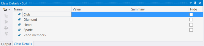 Screenshot of Class Details -Suit window displaying 4 columns labeled Name, Value, Summary, and Hide. Under Name column are the members, such as, Club, Diamond, Heart, Spade, and <add member>.