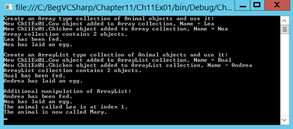 Command prompt window of displaying the modified codes for Animal, Cow, and Chicken.