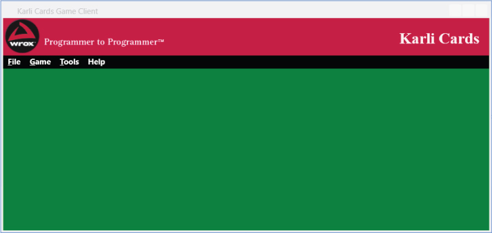 Snipped image of Karli Cards Game Client window, displaying File, Game, Tools, and Help tabs.