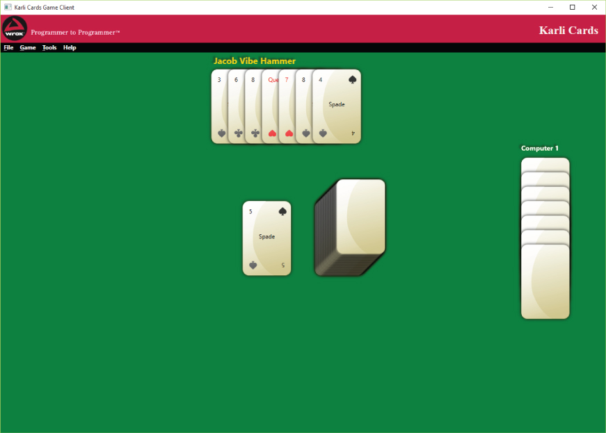 Screenshot of Karli Cards Game Client window, displaying piles of cards at the center, Jacob Vibe Hammer (top), and Computer 1 (right).  