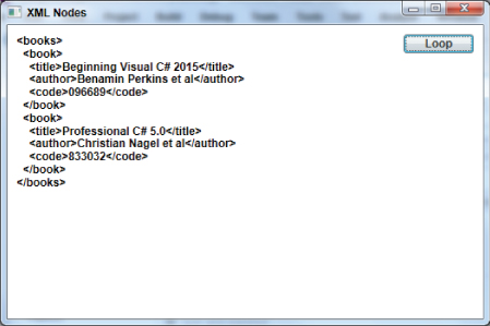 Screenshot of XML Nodes window displaying the codes of the books.xml document with the Loop button on the right highlighted.