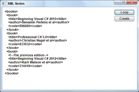 Screenshot of XML Nodes window displaying the codes of the books.xml document with Loop button highlighted and an added Create button on the right.