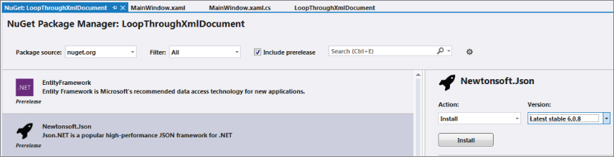 Screenshot of the NuGet Package Manager selecting Newtonsoft.Json package from the list on the left pane and the Action to install the version latest stable 6.0.8 on the right pane. 