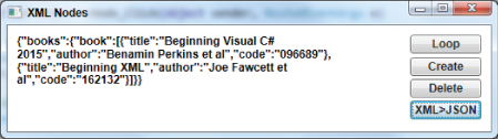 Screenshot of XML Nodes window displaying the codes of the JSON version of the book.xml document.