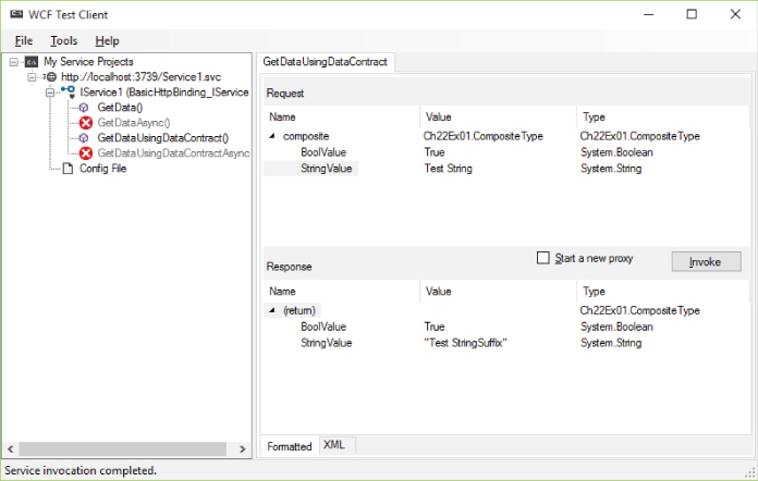 Screenshot of the WCF Test Client window displaying a tree view of files under My Service Projects on the left panel and tables for Request and Response in Formatted View on the right panel.