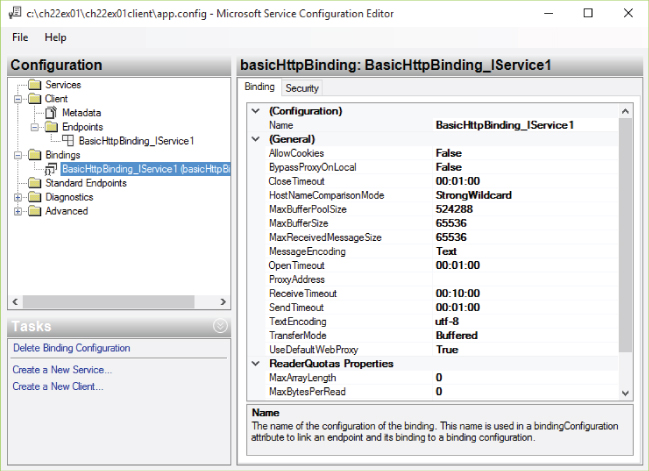 Screenshot of the Microsoft Service Configuration Editor dialog displaying a tree view of files under Bindings folder in the Configuration panel and the general and ReaderQuotas properties (right panel).