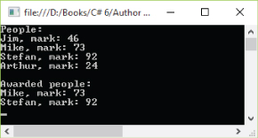 Screenshot of the Command prompt displaying the result of setting the startup project to the Ch22Ex02Client project. Pairs of names are listed under People and Awarded people, with numerical values per pair.