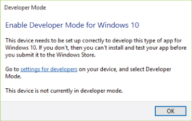 Screenshot of Developer Mode dialog indicating that the device must be set up correctly to be able to install and test the app before submitting to the Windows Store with a link to settings for developers.