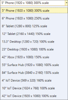 Screenshot of a cascaded drop-down menu of available Device Preview panel options for various devices like a phone, tablet, desktop computer, Xbox, surface hub, and IoT device.