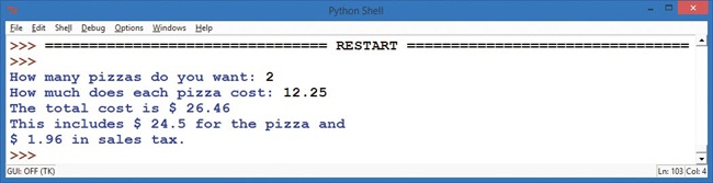 A sample run of our AtlantaPizza.py pizza calculator program