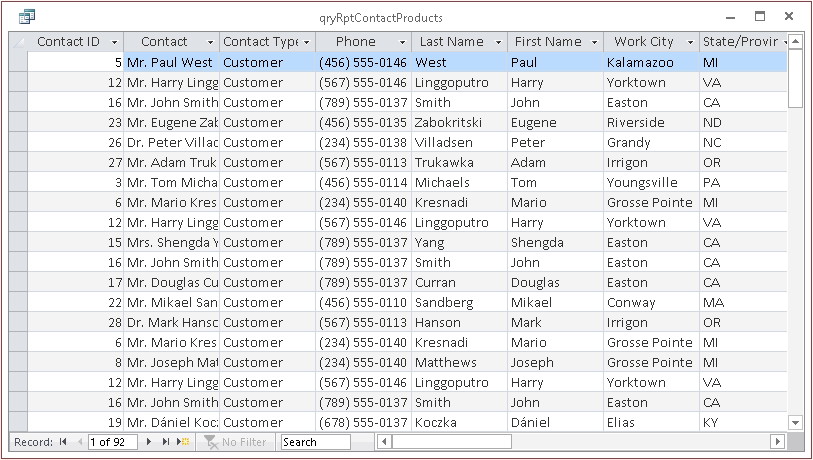 A screen shot of a query in a desktop database opened in Datasheet view. Related data from three tables are displayed in the output fields.