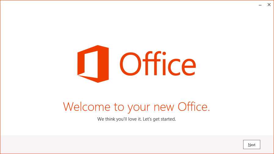 A screen shot of the first page of the Office 2013 welcome dialog. The Next button appears on the bottom right of the dialog box.