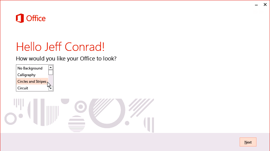 A screen shot of the fourth page of the Office 2013 welcome dialog. A list box appears on this page, with names of background schemes for Office. Author has selected the Circles and Stripes option.
