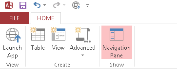 A screen shot of the Home tab for web apps. Five commands spread over three groups are shown here, with the Navigation Pane toggle button selected.