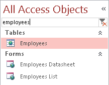 A screen shot of the Search Bar at the top of the Navigation pane. Author has typed employees into the Search Bar, and Access displays one table object and two view objects that all start with the word employees.