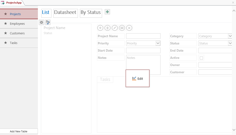 A screen shot of the App Home View opened in Access. The Table Selector on the left side displays four table names: Projects, Employees, Customers, and Tasks. The View Selector is shown across the top and displays three view captions: List, Datasheet, and By Status.