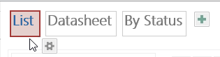 A screen shot of the View Selector in Access. Three view captions are shown: List, Datasheet, and By Status. Author has clicked the List view caption.