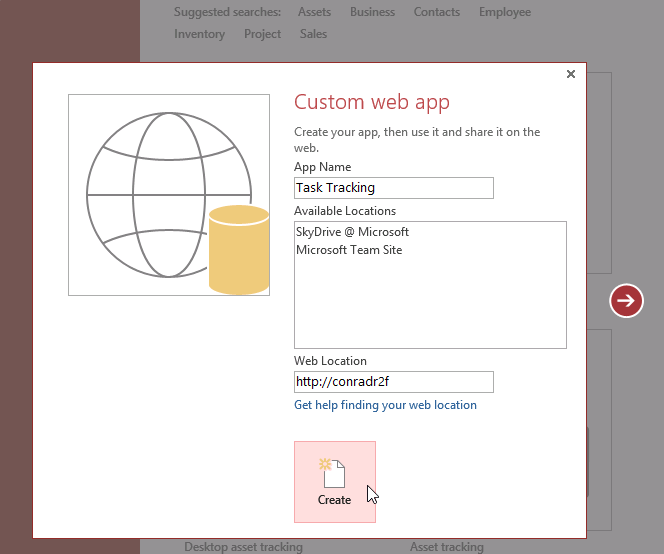 A screen shot of the Custom Web App dialog in Access. Author has entered Task Tracking into the App Name text box and provided a URL to a SharePoint site in the Web Location text box. Author has then clicked the Create button.