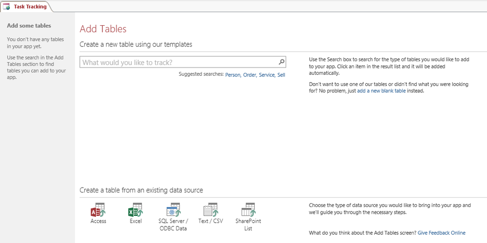 A screen shot of the Add Tables screen in Access. The middle of the screen displays a search box for templates, and the bottom portion displays buttons for importing data from different sources.