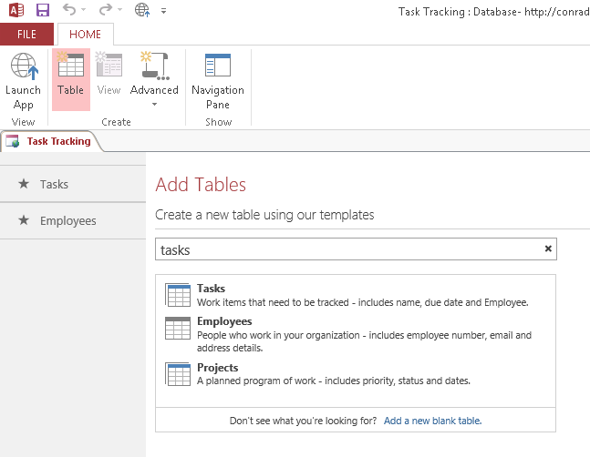 A screen shot of the Table Selector and Add Tables screen in Access. The Table Selector on the left side displays two tables: Tasks and Employees. The Search Box to the right of the Table Selector contains the word tasks, and three table templates are displayed below the Search Box.