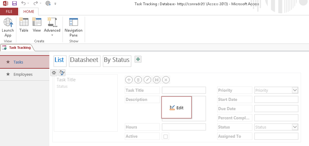 A screen shot of the Table Selector and App Home View in Access. The Table Selector displays two tables: Tasks and Employees. To the right, three view captions are displayed in the View Selector: List, Datasheet, and By Status.