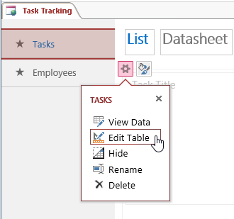 A screen shot of the pop-up menu for a table in the Table Selector. Five options are visible on the menu: View Data, Edit Data, Hide, Rename, and Delete. Author has clicked the Edit Table option.